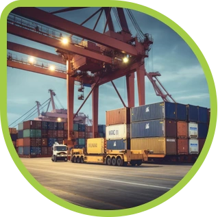 Cargo containers being loaded at a shipping port terminal